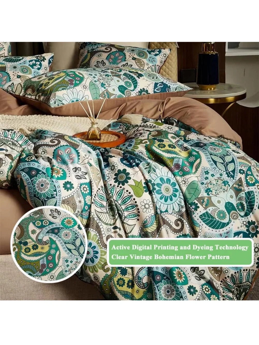 Floral Paisley Comforter Set in Mint, Teal, and Cream Bohemian